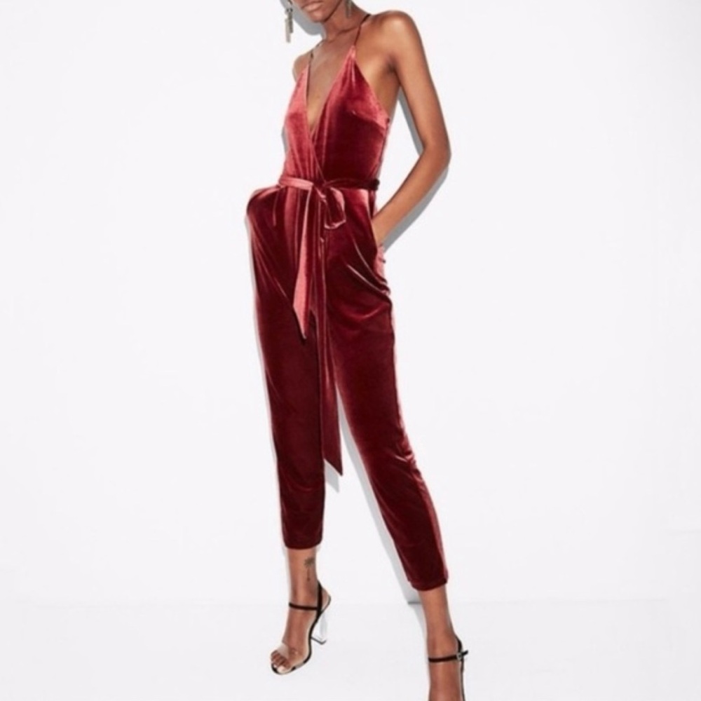 Express Velvet Jumpsuit in Deep Burgundy